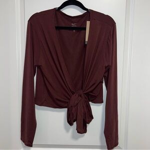 Nike Dri-FIT Wrap Top Burgundy Long Sleeve Tie Front Cropped NWT Size L